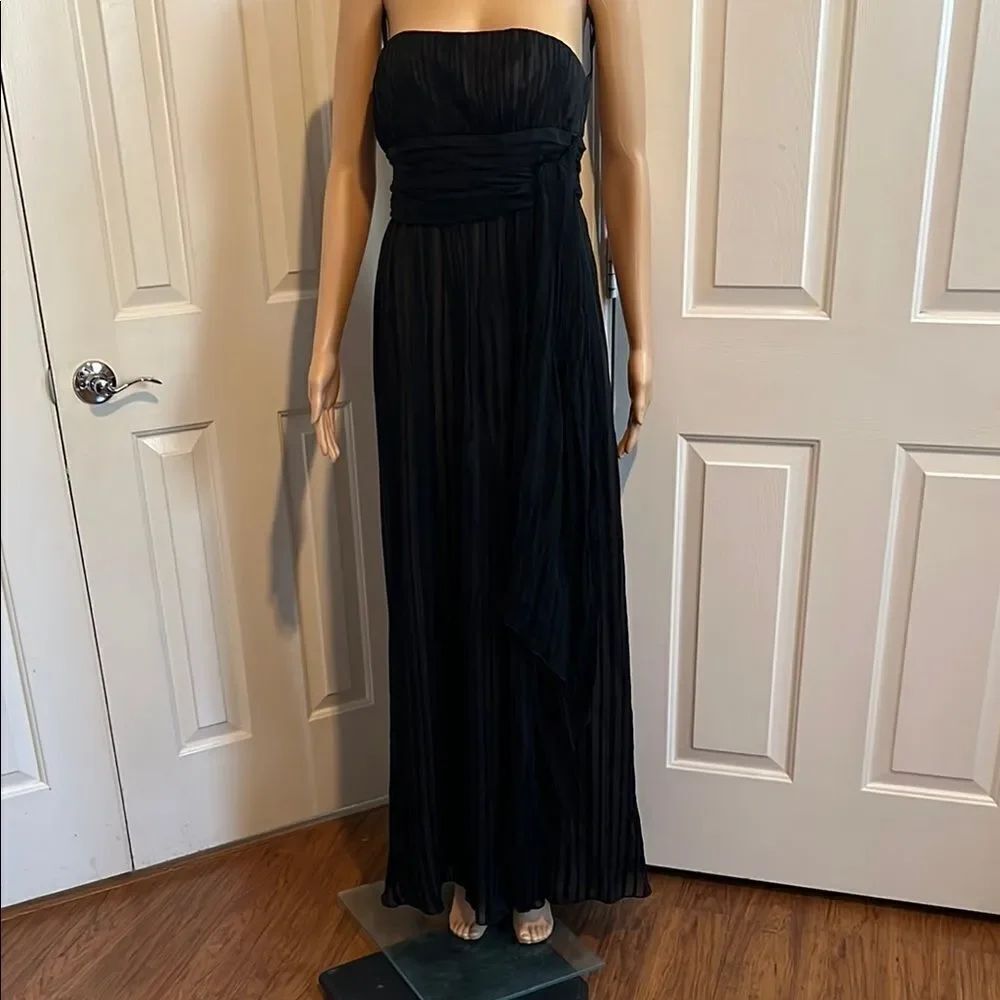 BCBGMaxAzria Black Silk Gown Dress Strapless Ruche Pleated Empire Waist 6 Petite